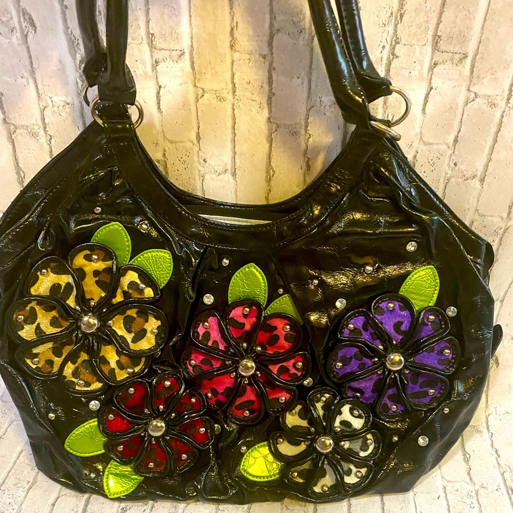 Black Purse With Floral Animal Prints Embellished With Stones. BRAND NEW
